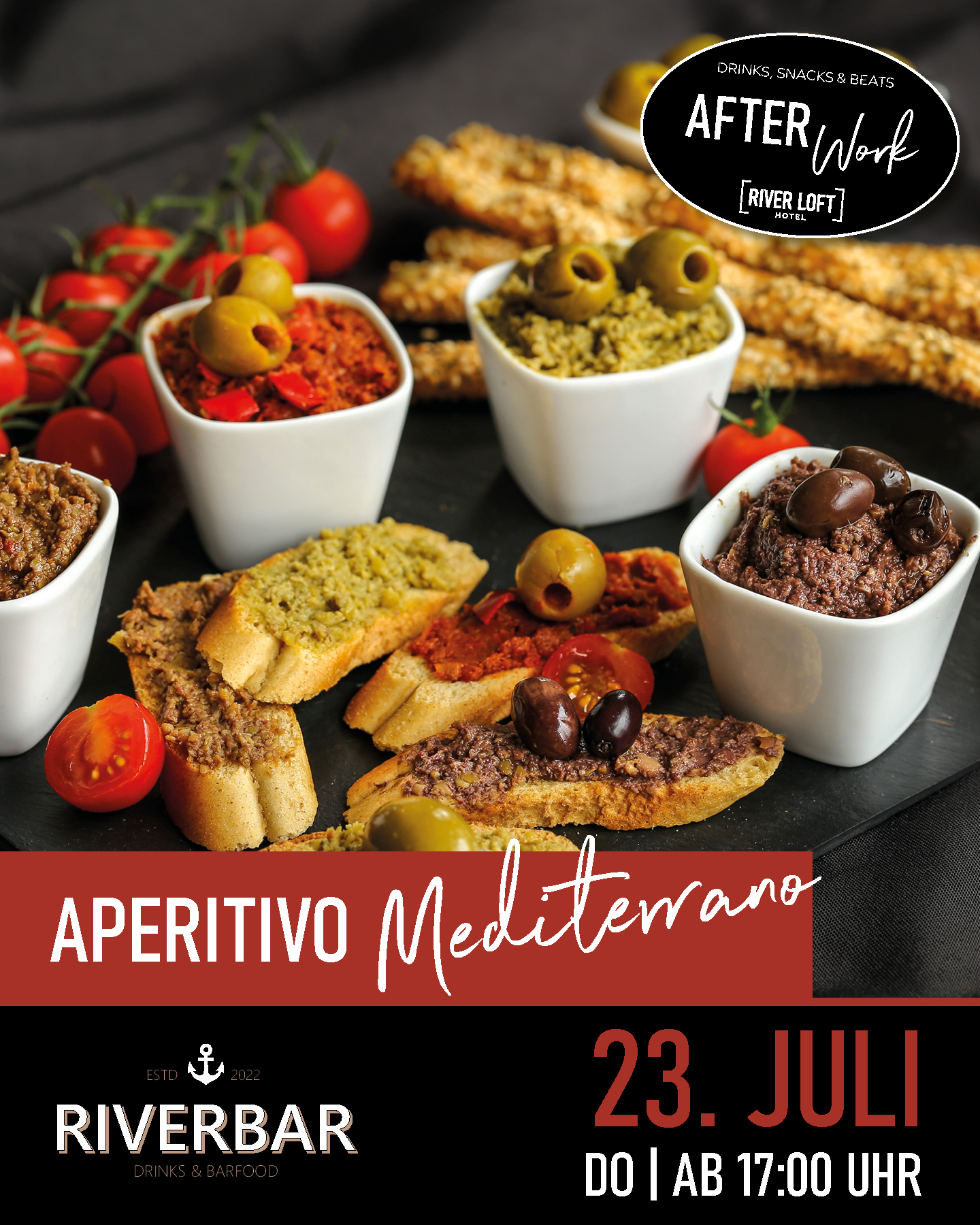 Annonce for et afterwork-arrangement, der afholdes den 23. juli under mottoet »Aperitivo Mediterrano« fra kl. 17.00