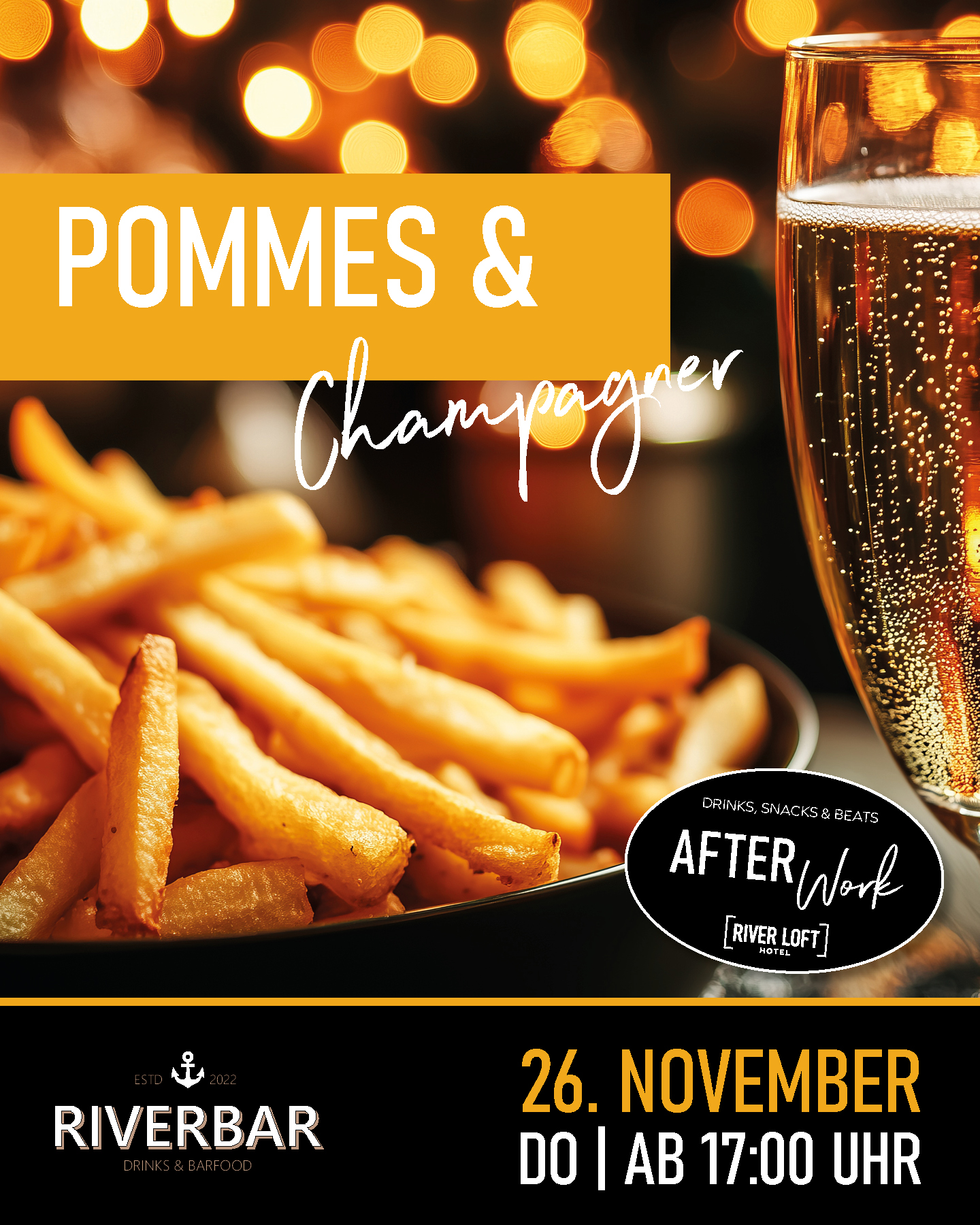 Annonce for et afterwork-arrangement, der afholdes den 26. november under mottoet »Pommes & champagne« fra kl. 17.00