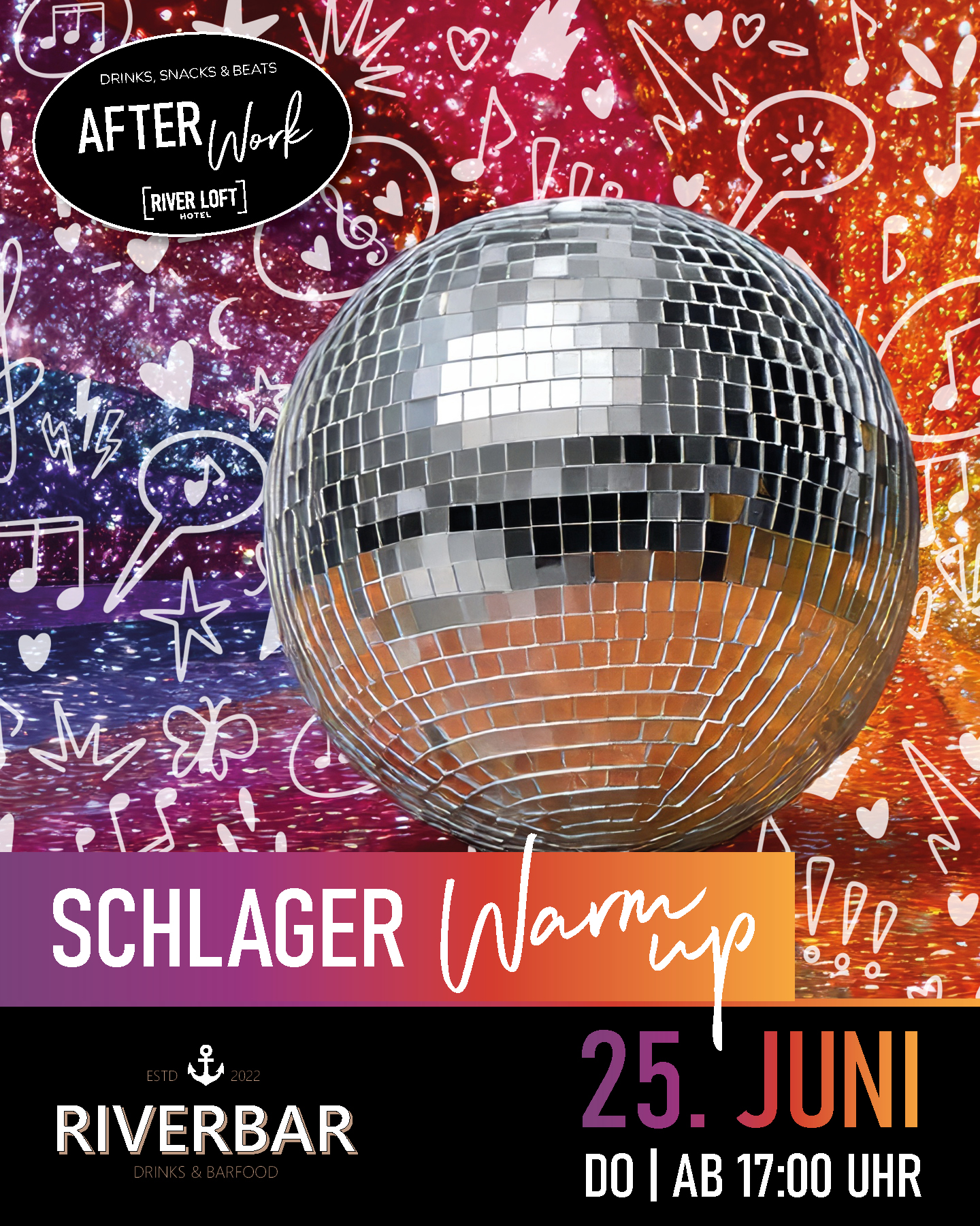Annonce for et afterwork-arrangement, der afholdes den 25. juni under mottoet »Schlager warm up« fra kl. 17.00
