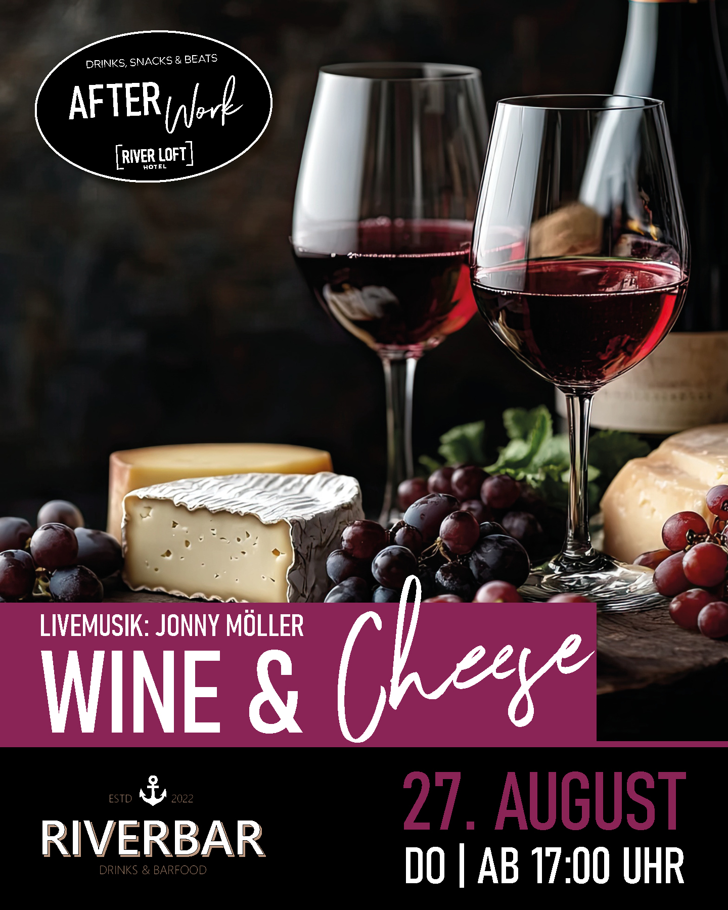 Annonce for et afterwork-arrangement, der afholdes den 27. august under mottoet »Wine & Cheese« fra kl. 17.00